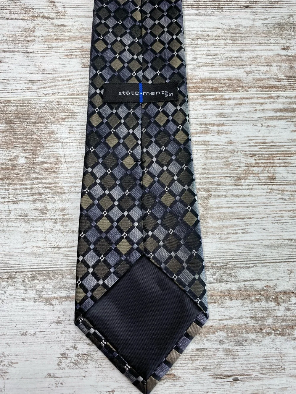 Statements 100% Silk Tie Gray Black Tan Plaid Check Necktie Mens 58”